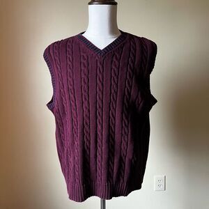 Vintage GAP XXL Cable Knit Sweater Vest Burgundy with Navy Trim 100% Cotton